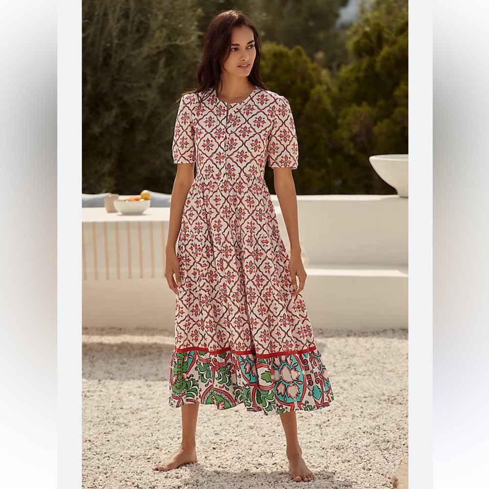 Anthropologie White and Red Printed Midi Dress with Green Accent